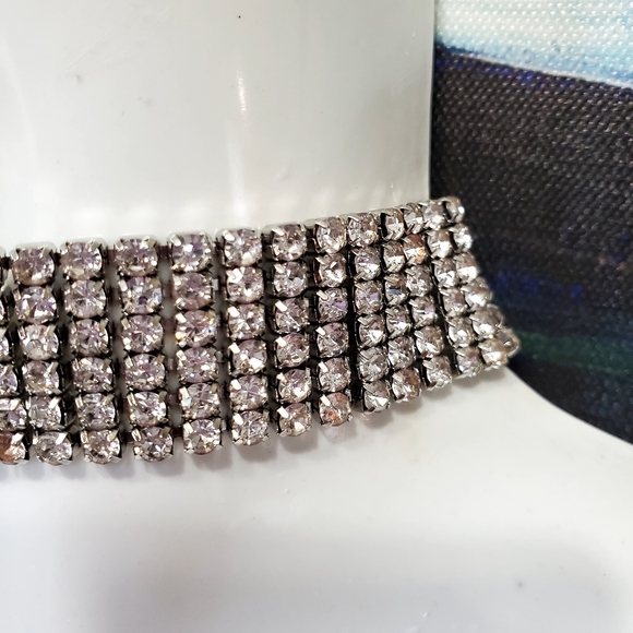 Stunning Vtg Rhinestone 6 Row Silver Tone  Choker Necklace - Picture 6 of 12